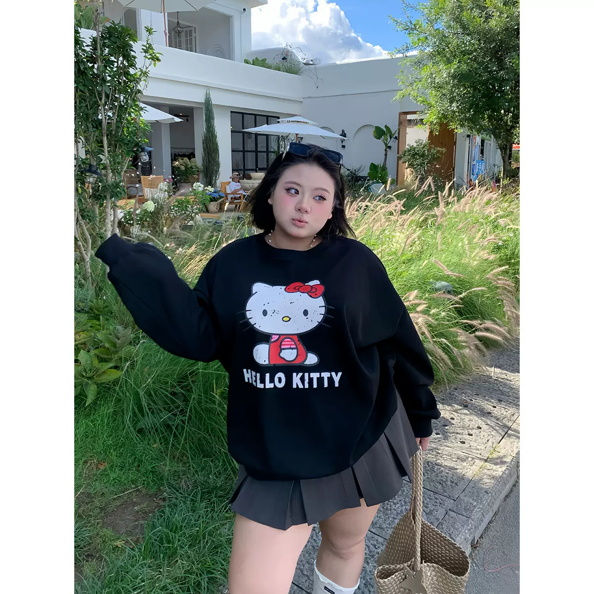 全球花【HelloKitty】大码秋冬美式oversize慵懒宽松圆领加绒卫衣