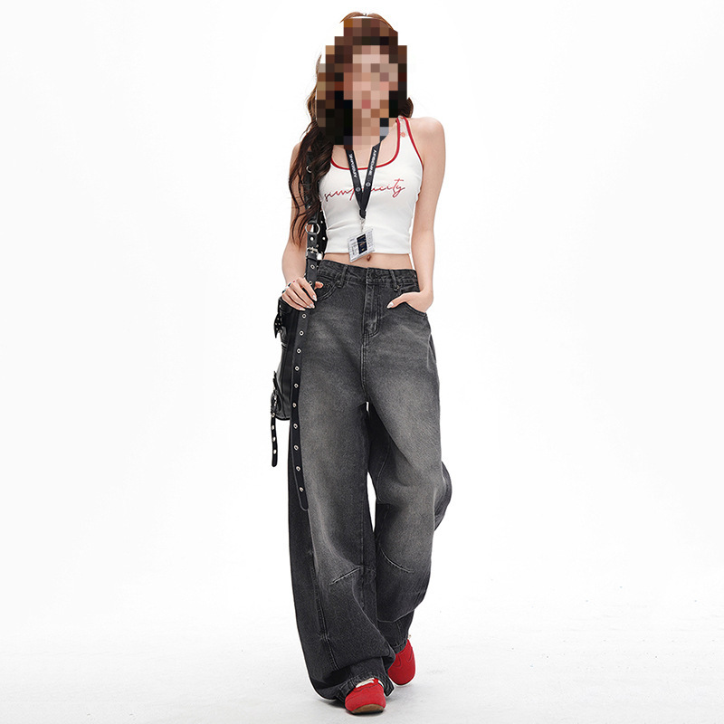 American-Style Curved Hem Pants, Spicy Girl Low-Waist Washed Dark-Colored Loose Jeans, Casual Long Pants, New Spring/Summer Black and Gray Long Pants