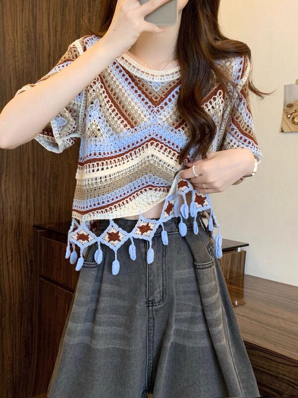 Bohemian Style Embroidered Cut Out Design Ice Silk Knitwear Women's Summer Ethnic Style Tassel Crochet Short-Sleeved Top