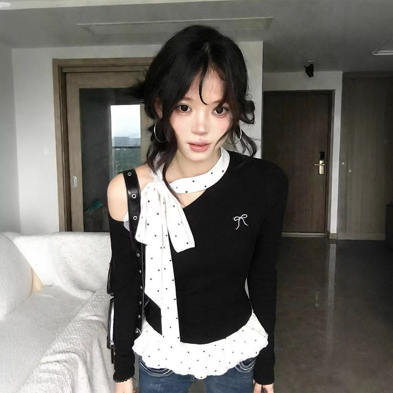 Stylish Polka Dot Ruffle Patchwork One-Shoulder Long-Sleeve T-Shirt for Women, Spring and Autumn Waist-Cinching Base Layer Top, Trendy Ins-Style Stylish Polka Dot Ruffle Patchwork One-Shoulder Long-Sleeve T-Shirt for Women, Spring and Autumn Waist-Cinching Base Layer Top, Trendy Ins-Style