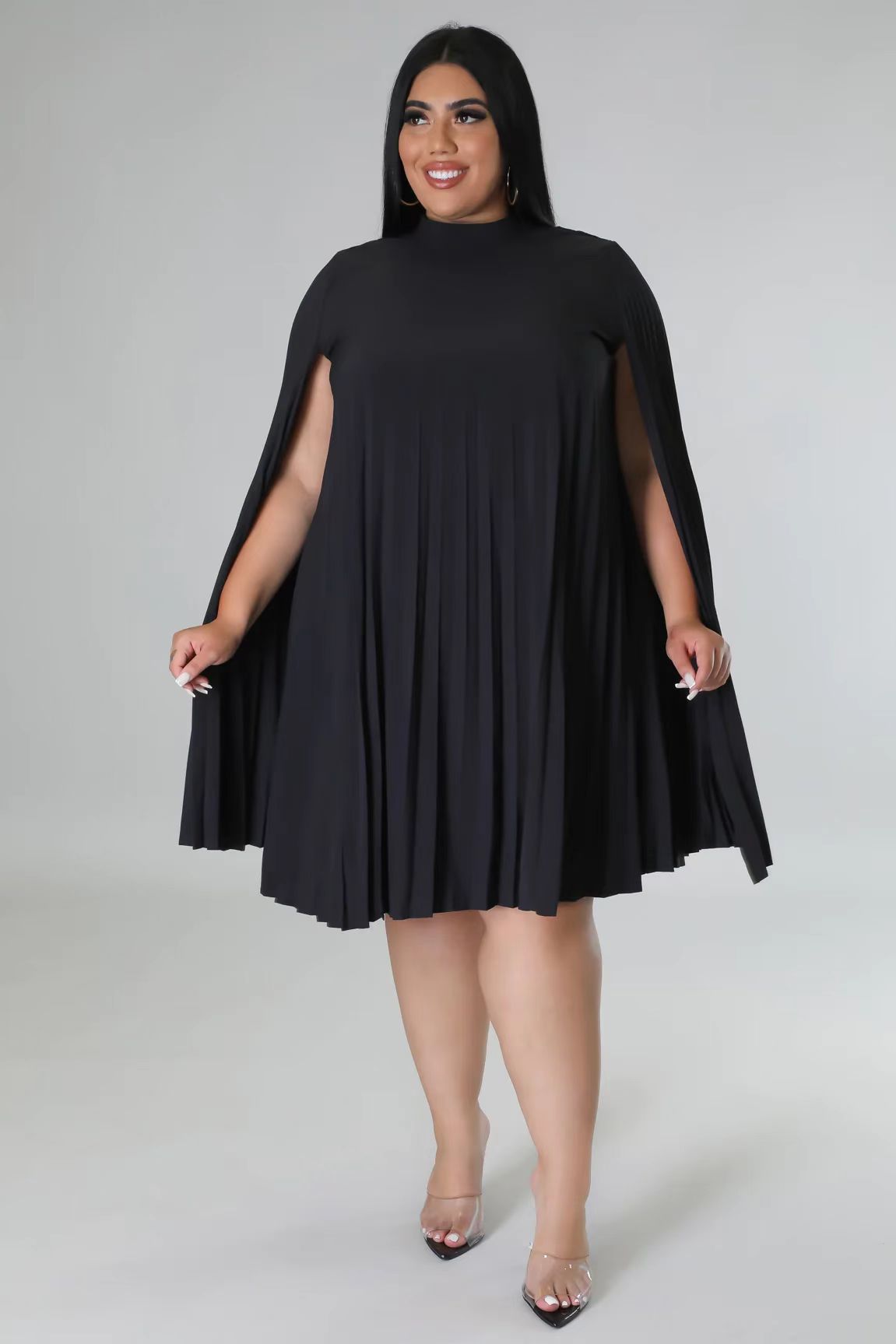 Fashion Solid Color Round Neck Long Sleeve Patchwork Polyester Plus Size Knee-Length Pleated Skirt