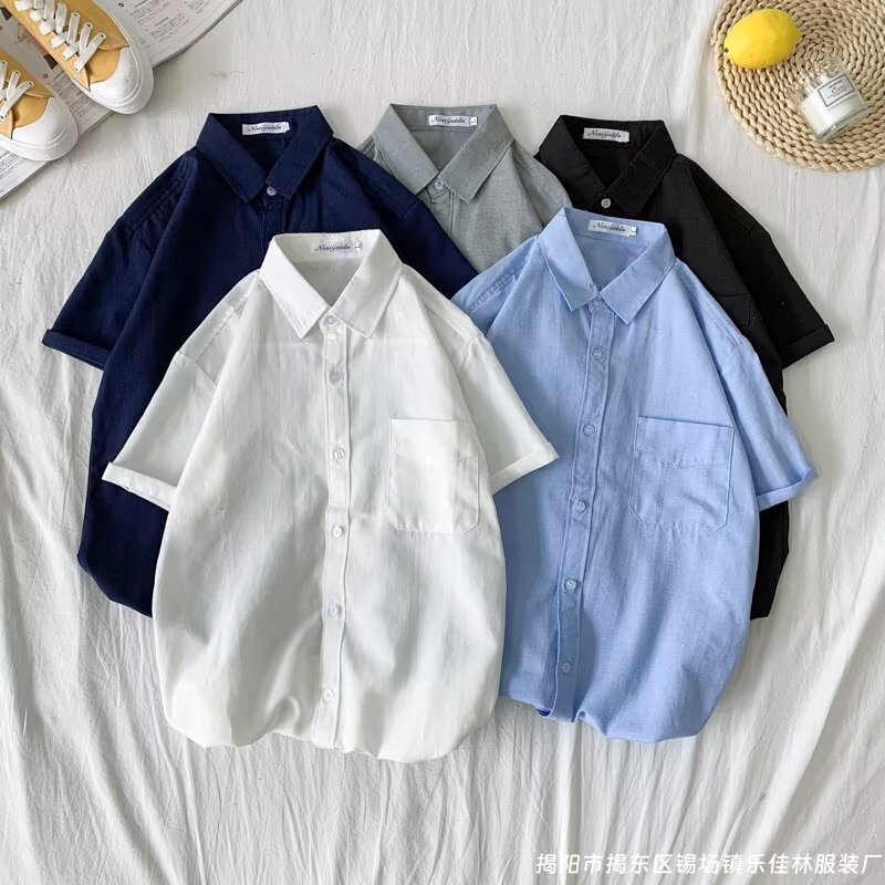 Men's Oxford cloth lapel youth summer handsome loose boyfriend style Korean style trendy versatile white shirt for work