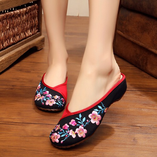 Slippers flower embroidered fabric slippers summer ladies embroidered fabric sandals low heel flat slippers