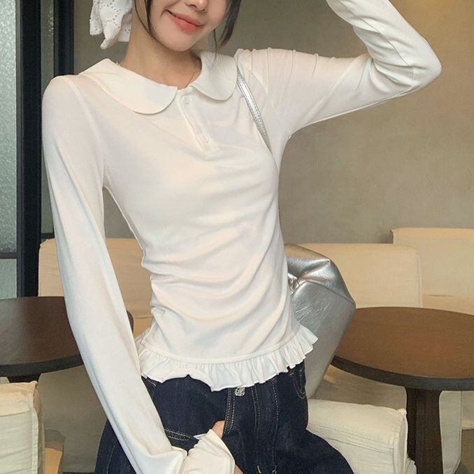 Baby Doll Collar White Design Long-Sleeved T-Shirt for Women 2025 New Inner Layering Shirt Pullover Niche Slim Top