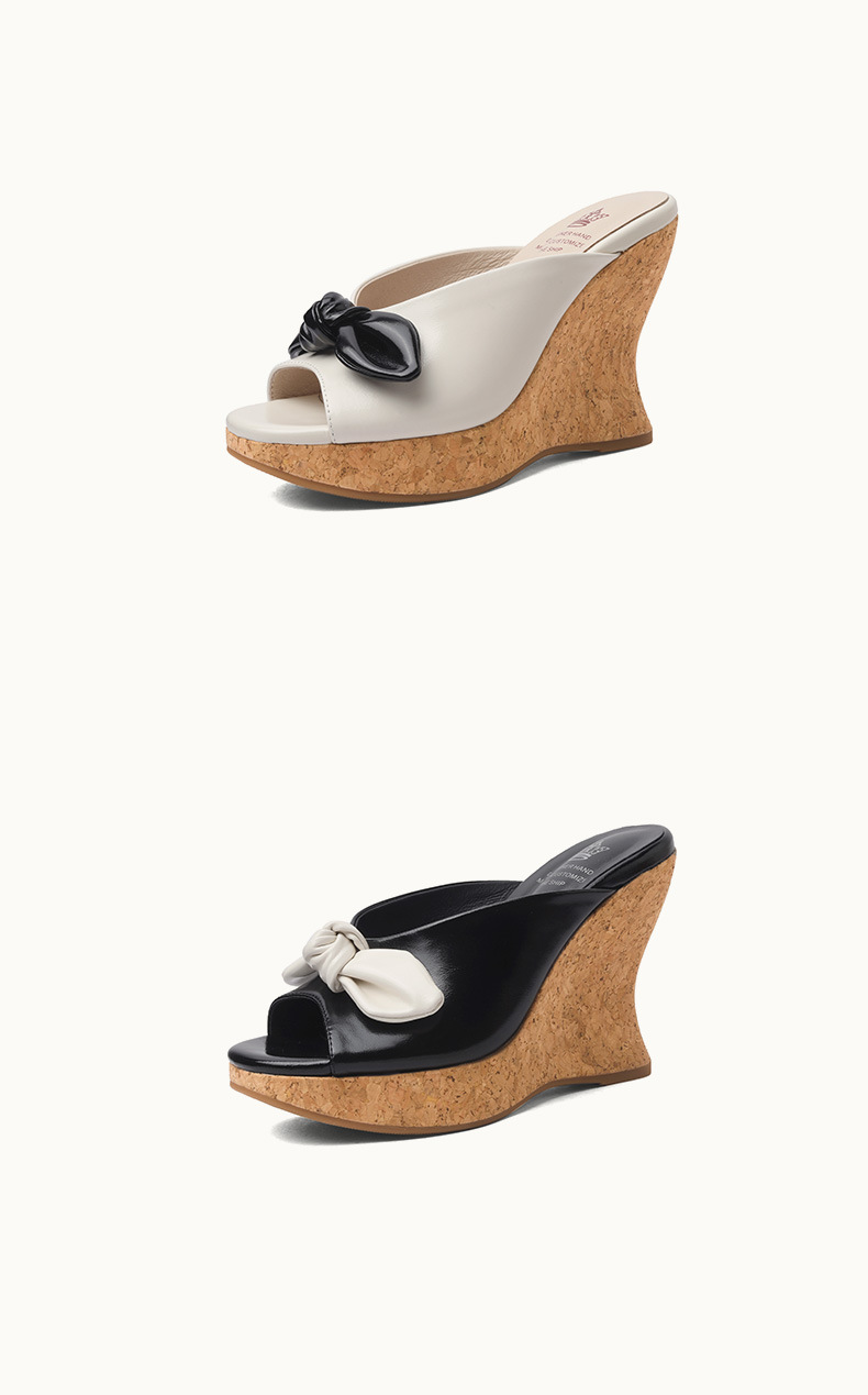 Dép sandal cao gót nữ hở mũi đế xuồng 11cm nơ bướm phong cách Hàn Quốc mùa hè — màu đen, màu trắng ngà chi tiết 9