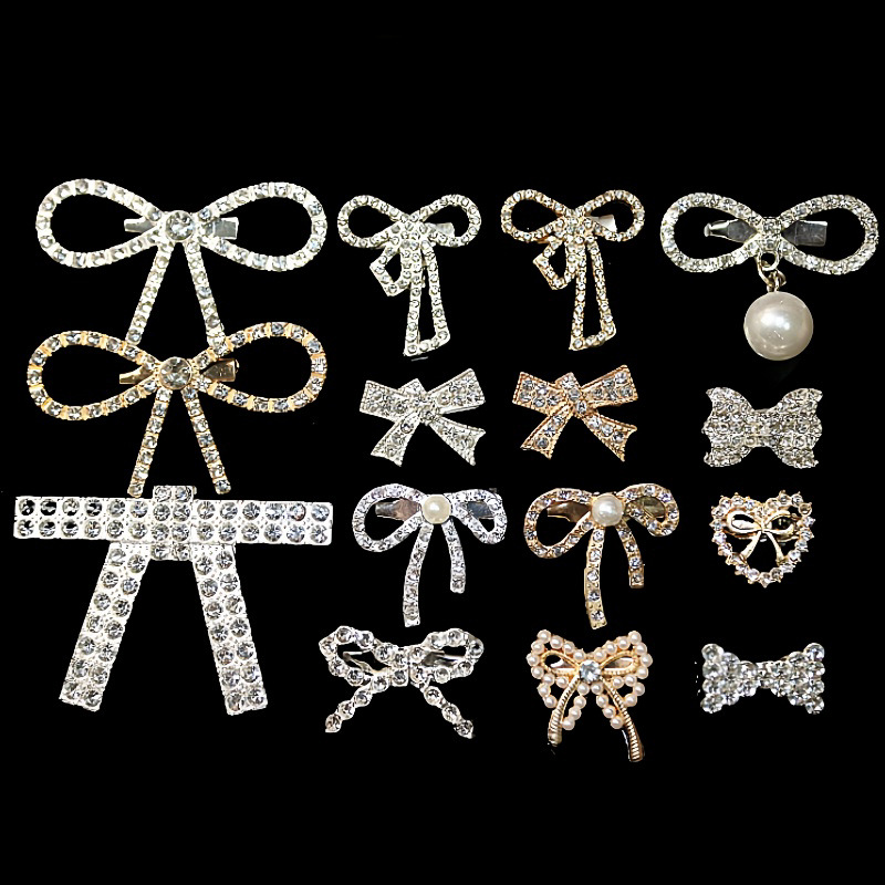 新款合金镶钻珍珠蝴蝶结胸针服饰配件DIY领结胸花头饰服饰毛衣衬