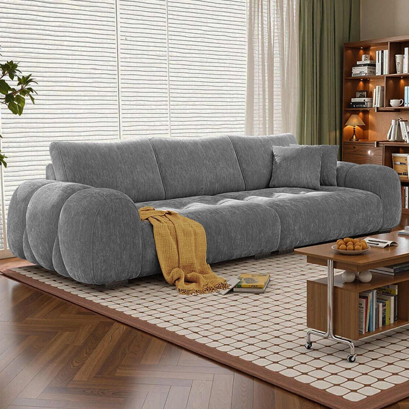 Small-sized cream-style chenille velvet puff cloud island sofa, simple top-layer cowhide fabric sofa for home living room