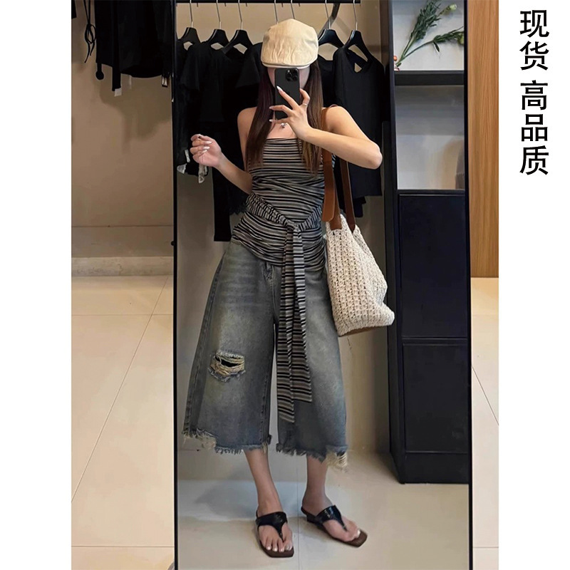 American Retro Ripped Denim Shorts for Women, Summer Thin Style, High Street Fashion, Slimming Loose Wide-Leg Mid-Length Straight Pants