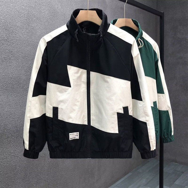 Jacket Men's Spring and Autumn Thin Youth Student School Uniform Loose Sports Jacket Men's Splicing Contrasting Color Stand-Up Collar Top