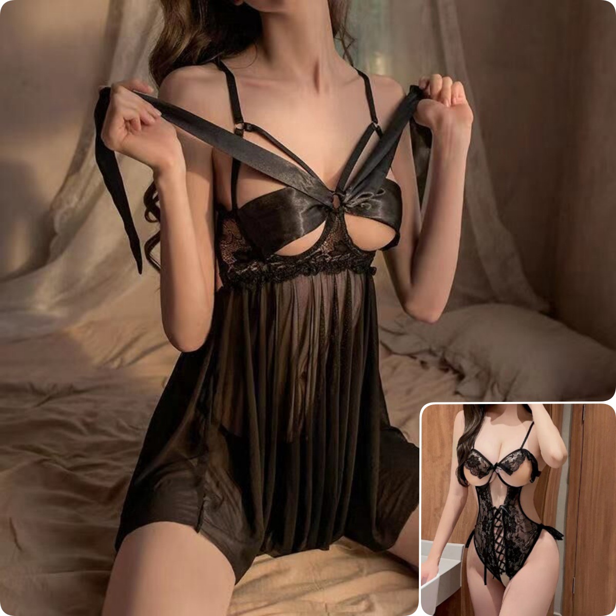 블랙 [레이스업 나이트가운+팬츠] + 언더와이어 푸쉬업 점프수트