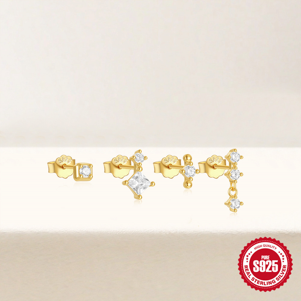 Los nuevos pendientes diarios de plata de ley S925 con incrustaciones de diamantes apilados 4 juegos de pendientes, pendientes de todo fósforo con personalidad de venta caliente en Europa y América