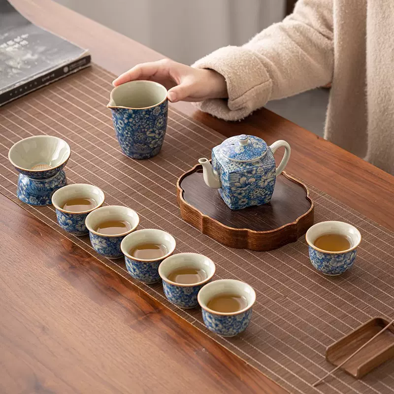 手工老陶泥仿古青花瓷功夫茶具套装家用轻奢高档泡茶壶中式盖碗批