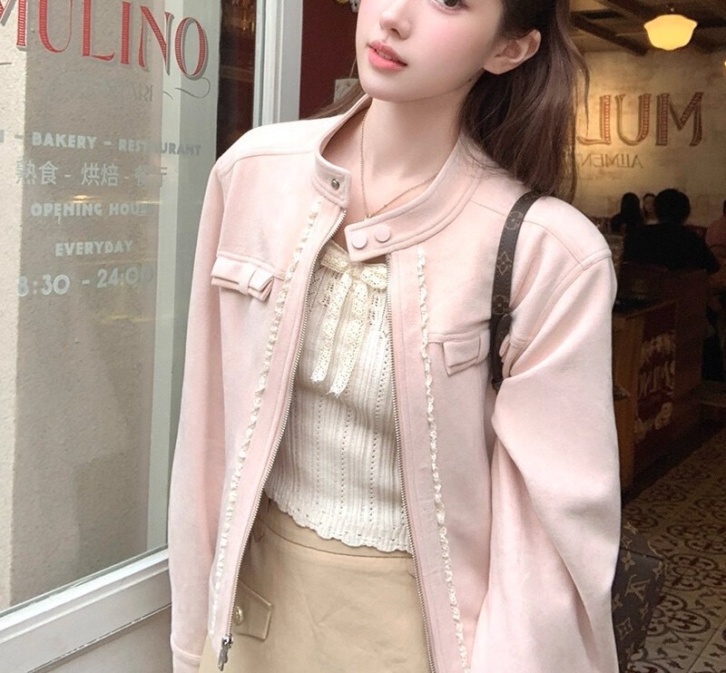 Acaine短款长袖粉色廓形麂皮外套女秋季美式棒球服夹克显白上衣|undefined