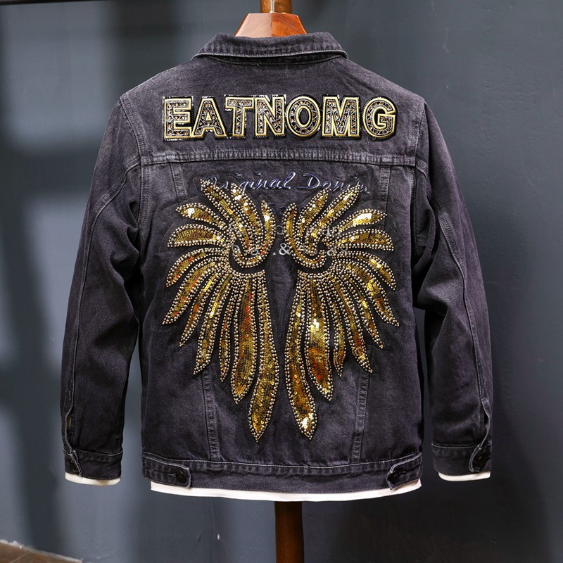 Black Beaded Denim Jacket For Men Locomotive Embroidered Style_voghion.com