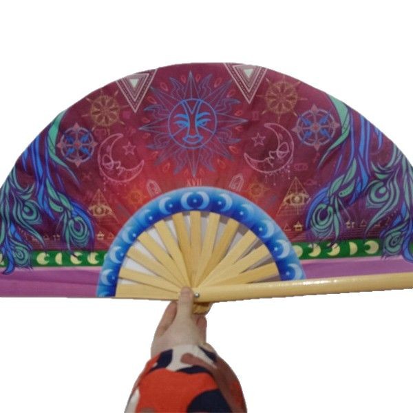 Transfronterizo para la personalidad europea y americana gran ventilador de mano ventilador de kung fu impresión de transferencia de calor UV festival de música ventilador de fiesta de bar
