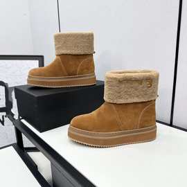 2023秋冬款英伦保暖两穿羊毛厚底雪地靴女羊皮毛一体加绒加厚短靴