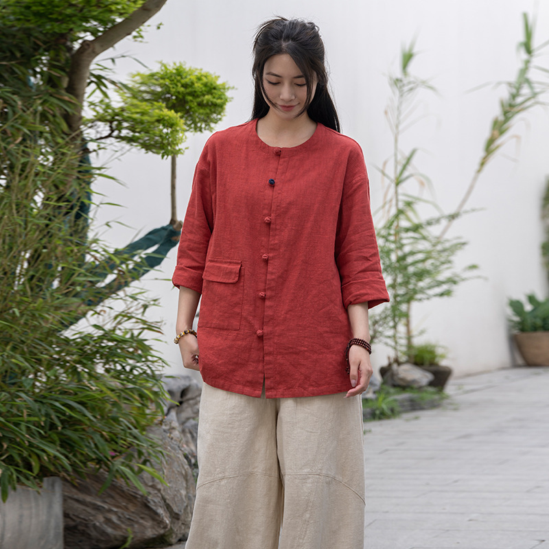 New Chinese style cotton and linen women's clothing original national style Zen tea clothing artistic Retro sand wash distressed plate buckle thin coat top
