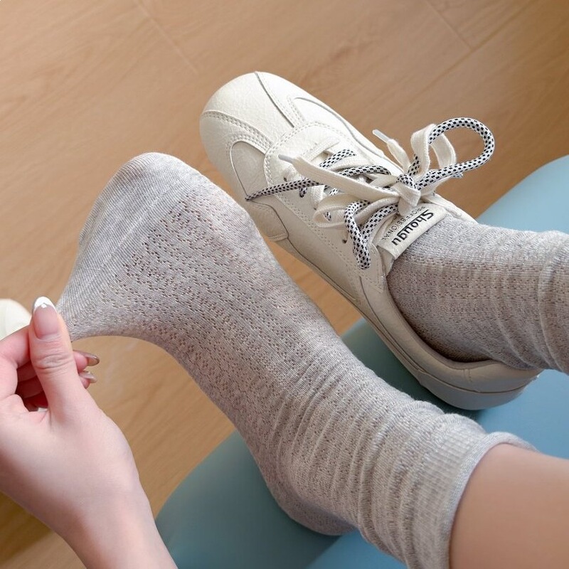 Mekki Mesh Socks for Women, Spring and Summer Mid-Calf Socks, Stacked Socks, Vertical Striped Bamboo Fiber White Breathable Cotton Socks