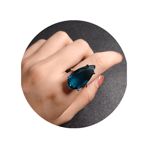 Live delivery of goods, imitation emerald ring, European and American blue crystal diamond ring, emerald drop-shaped ring