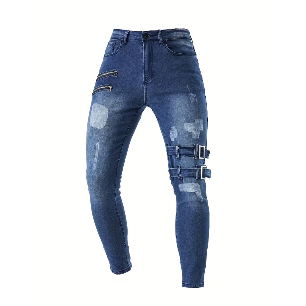 Jeans da uomo neri strappati e usurati, elasticizzati, vestibilità slim, casual, affusolati, vestibilità affusolata che valorizza la figura._voghion.com