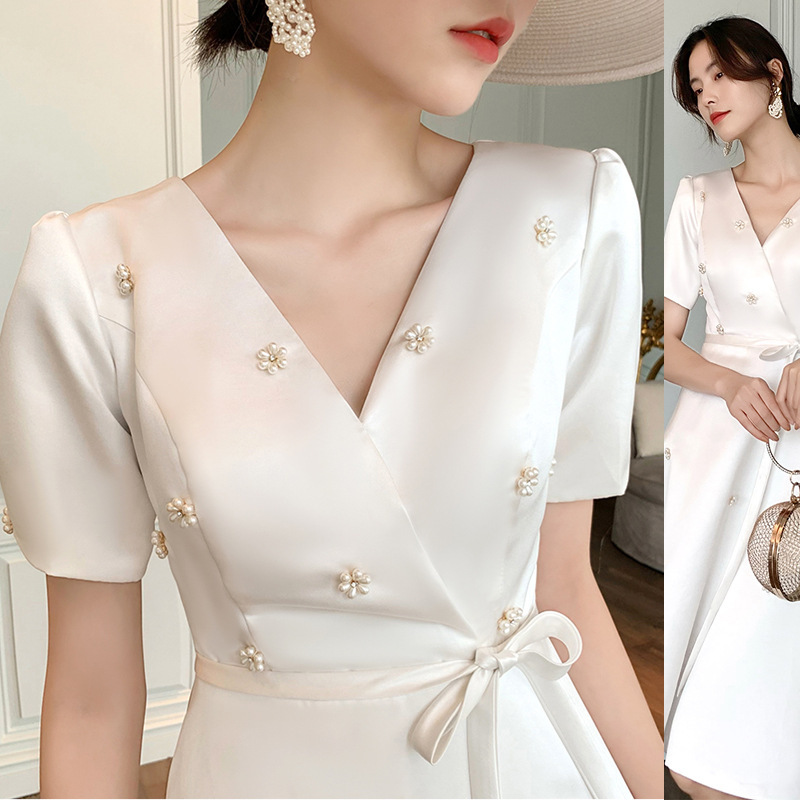 Light wedding Diamond evening dress can be worn at ordinary times new birthday banquet temperament registration travel photography female French satin Light wedding Diamond evening dress can be worn at ordinary times new birthday banquet temperament registration travel photography female French satin