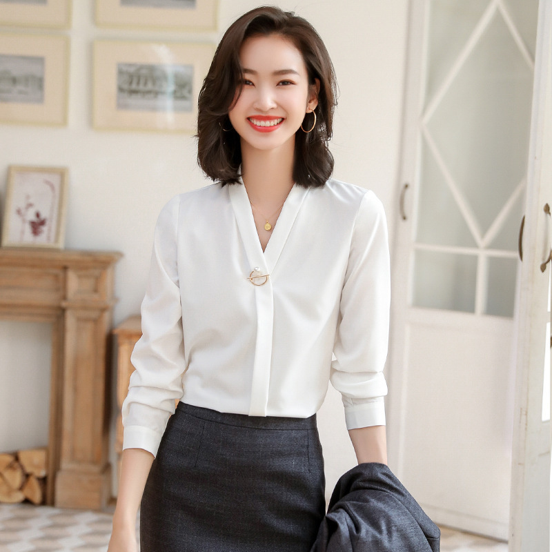 V-Neck White Shirt Women's Business Wear Spring New Long Sleeve Shirt Tooling Office Clerk Work Clothes OL