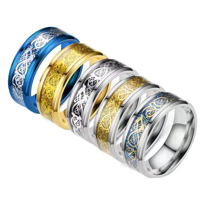 Cross-border Source personalized fashion dragon pattern titanium steel ring inlaid with dragon pattern stainless steel ring jewelry for men and women