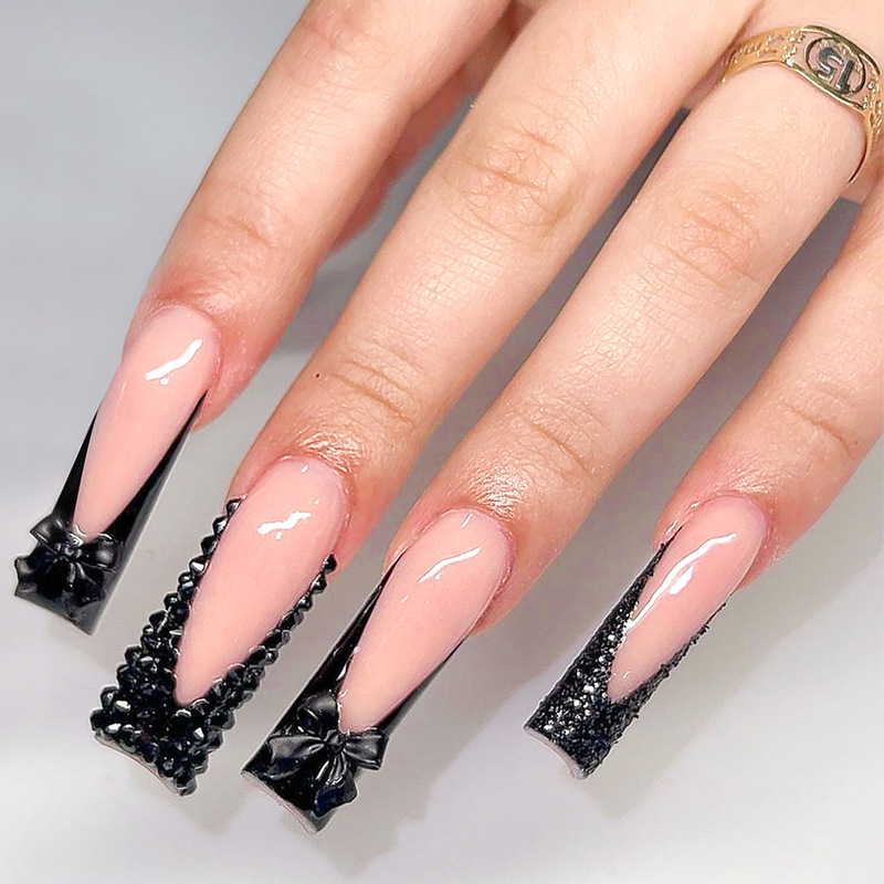 Cross-Border Hot-Selling Wearable Nails, Pure Handmade French-Style Wearable Nails, Black Glitter Diamond Bow Press-On Nails Cross-Border Hot-Selling Wearable Nails, Pure Handmade French-Style Wearable Nails, Black Glitter Diamond Bow Press-On Nails