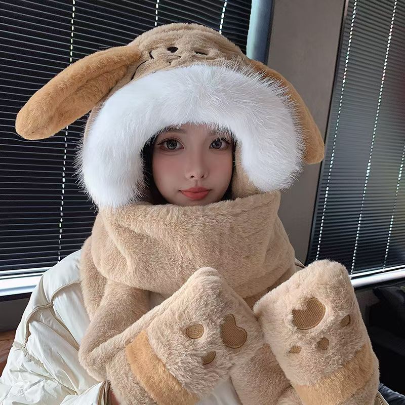 帽子围巾一体女冬季可爱毛绒帽保暖护耳连帽冬手套三件套|undefined