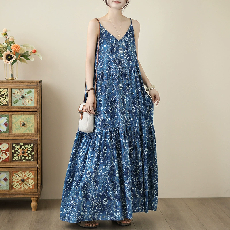 2025 новый летний стиль ретро литературный принт свободный повседневный праздничный стиль длинное платье на бретелях для женщин