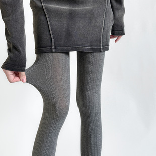 Autumn and Winter Wheat Ear Vertical Pattern Pantyhose Women's Slim-fit Slimming Cotton Bottoming Pants Grey All-match Leg Socks Spring and Autumn