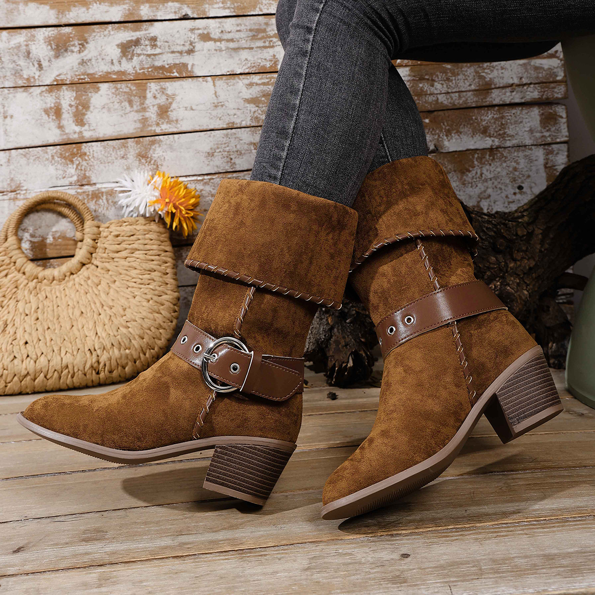 Women's Winter Belt Buckle Turn Up Mid Heel Riding Boots Chunky Heel Plus Size Western Mid Calf Boots_voghion.com