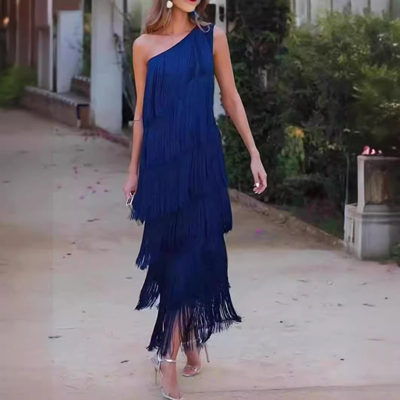 2024 Spring/Summer New European and American Fashion Tassel Asymmetric One-Shoulder Evening Dress 2024 Spring/Summer New European and American Fashion Tassel Asymmetric One-Shoulder Evening Dress