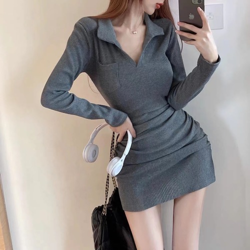Autumn/Winter Polo Collar Slim Knit Long Sleeve Sexy A-Line Pleated Dress for Women Petite and Elegant