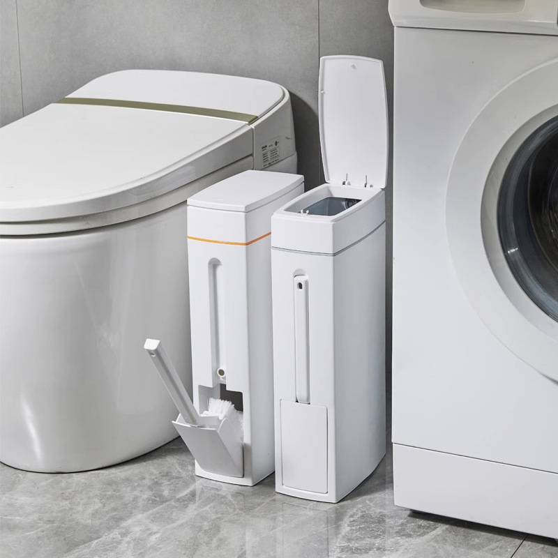 Double-Compartment Trash Can for Bathroom with Toilet Brush, Narrow Gap Trash Can with Press Switch and Lid, Simple Household Trash Can