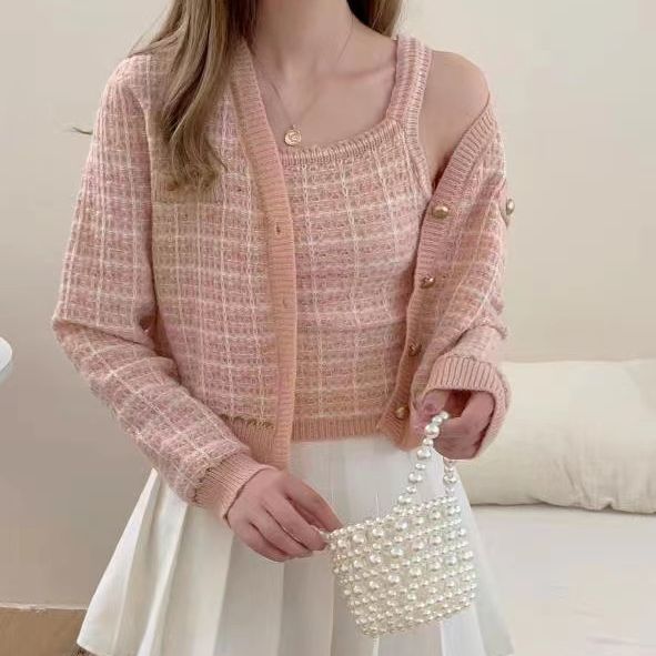 2023秋冬新款小香风格纹肌理针织衫圆领毛衣开衫短款休闲优雅女