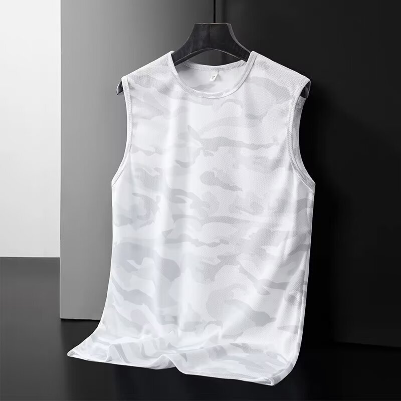 Summer Men's Sports Camouflage Ice Silk Vest, Breathable Fitness Undershirt, Wide-Shoulder Sleeveless T-Shirt, Quick-Dry Trendy Tank Top