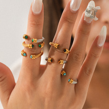 欧美拼色不锈钢螺旋纹开口戒指镶嵌孔雀石绿松石虎眼石钛钢指环女