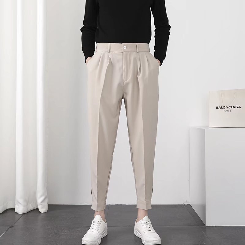 Pantalones casuales de color sólido de velcro para hombres pantalones hasta el tobillo estilo británico sin planchar nuevos pantalones de traje maduro ligero simple image 4