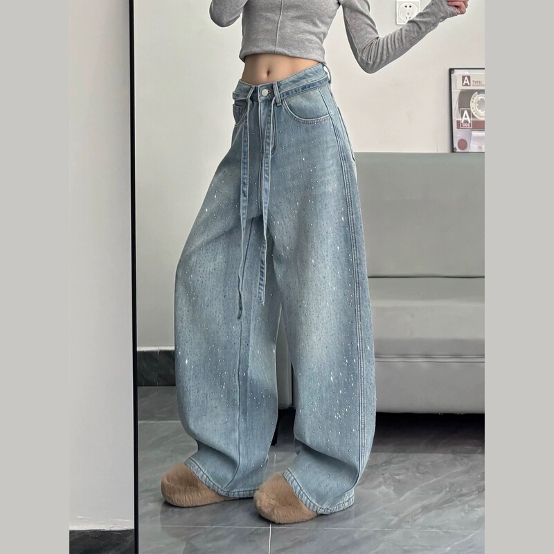 American Retro Design Rhinestone Sparkling Jeans for Women, 2025 Winter Loose Wide-Leg Floor-Length Pants