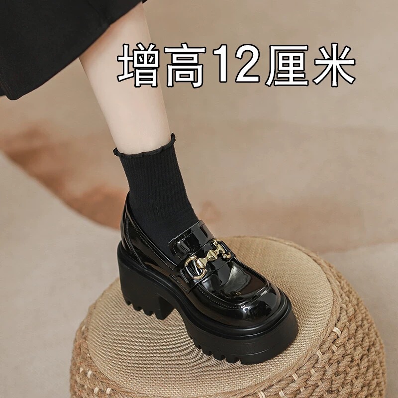 Women's British-Style Slip-On Loafers with Hidden Height Increase, Thick-Soled Patent Leather, Ultra-High Heels, Black Leather Shoes for Commuting, Size 33 Women's British-Style Slip-On Loafers with Hidden Height Increase, Thick-Soled Patent Leather, Ultra-High Heels, Black Leather Shoes for Commuting, Size 33