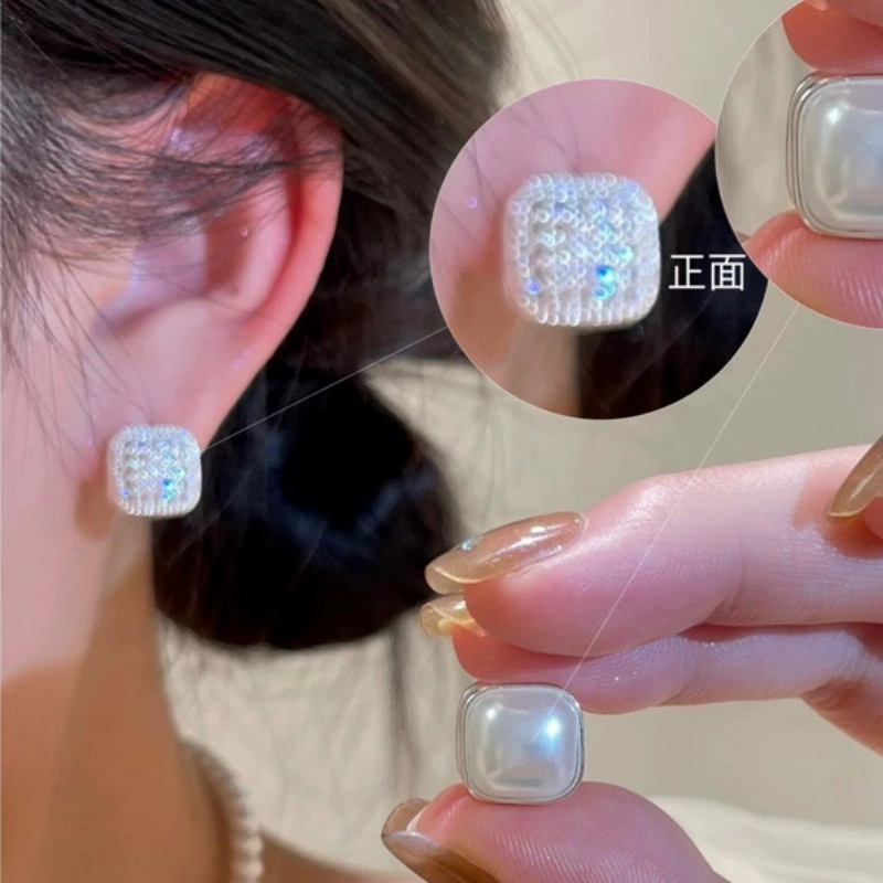 Pearl bow earrings, Japanese‑Korean style, rhinestone‑encrusted, lightweight 0.01 kg