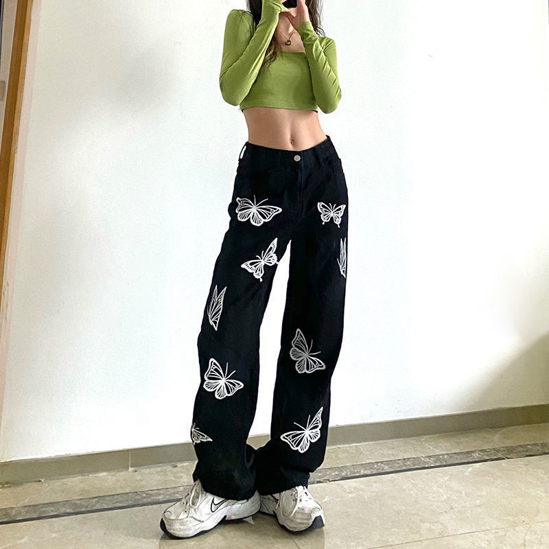 Butterfly print denim pants