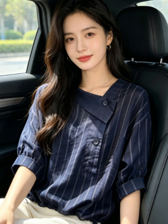 [Large Stock Available] 2026 New Cross-Border Fashion Striped Niche Korean Style Casual Chic Design Tops for Women