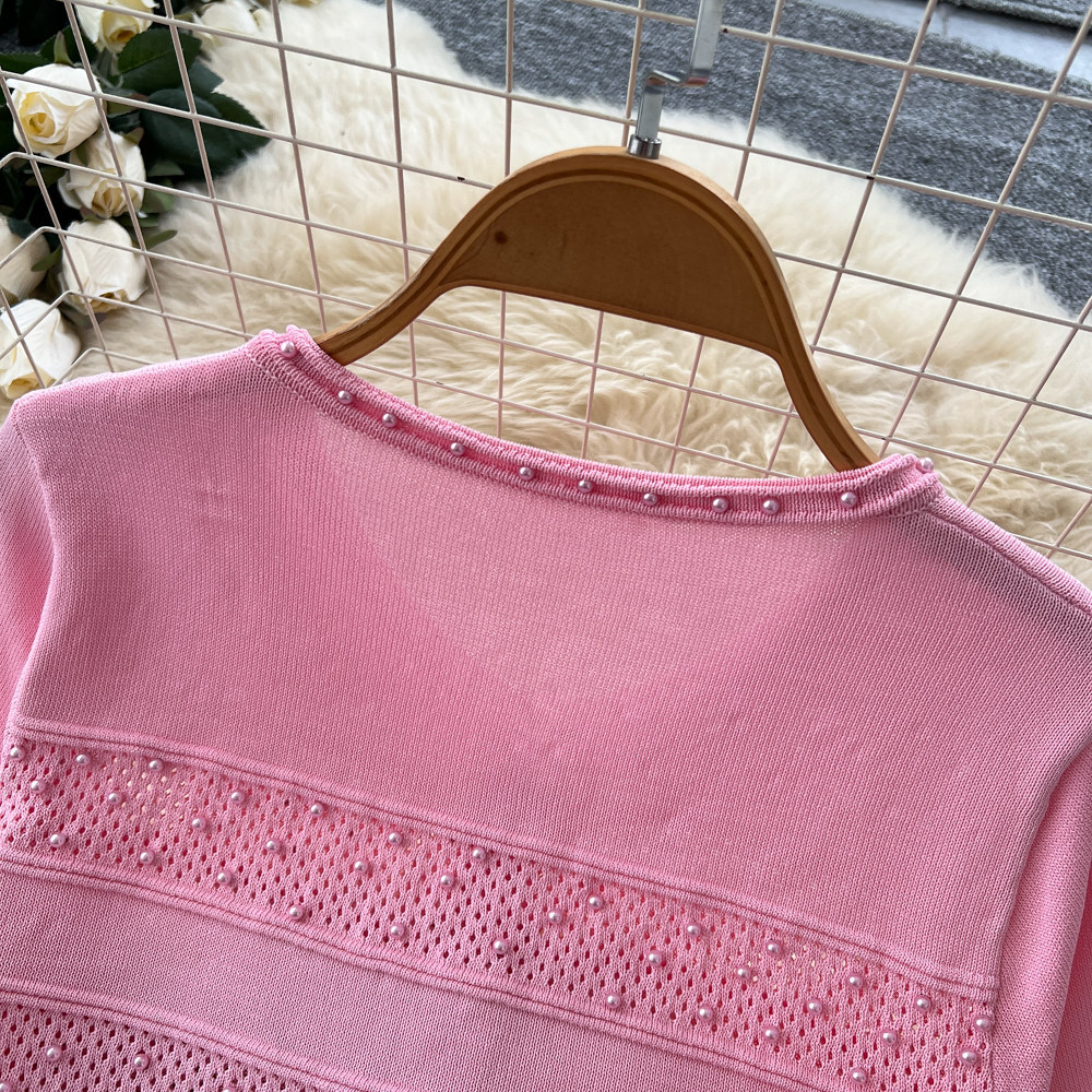 Women's Soft Pink Knit Two Piece Set Slim Fit Waist Cinching Fishtail Skirt Suit for Summer_ecoleips.com