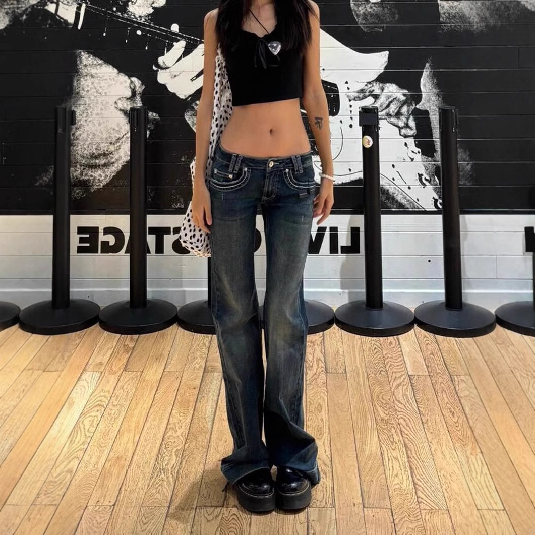 American High Street Design Low-Waist Jeans for Women, New Spring and Autumn Y2K Style, Versatile and Slimming Flared Pants