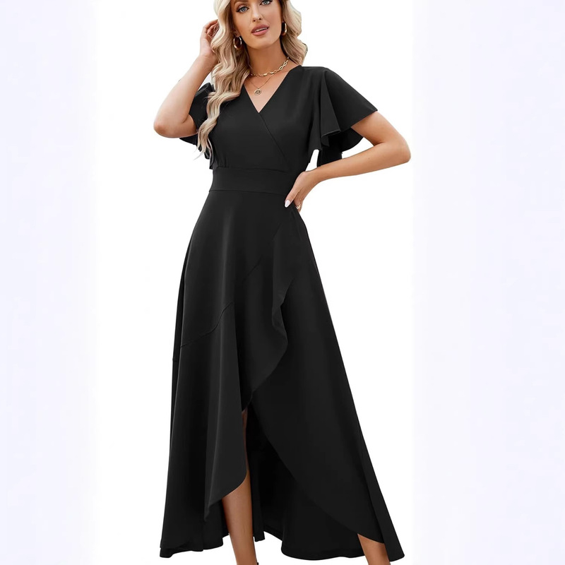 Long Black Formal Dress for Women, Evening Cocktail Party Dress, Elegant V-Neck Wrap with Pleats and Slit Long Black Formal Dress for Women, Evening Cocktail Party Dress, Elegant V-Neck Wrap with Pleats and Slit