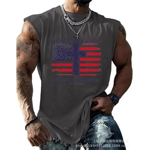 2025 Cotton-Like Support 3D Printed Fitness Tank Top for Men Running USA American Wide Shoulder Sleeveless Backless Top