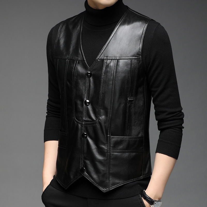 Genuine Leather Vest Men's Cardigan V-Neck Sheepskin Vest Autumn and Winter Warm Haining Leather Waistcoat Sleeveless
