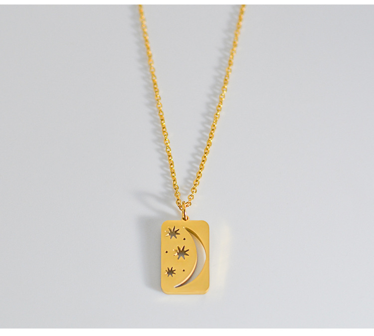 Stainless Steel 14K Gold Plated Hollow Moon Star Rectangle Pendant Clavicle Chain_colorza_4